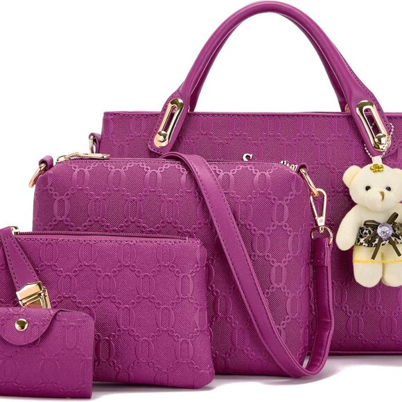 Adorable 4-Piece Handbag Set with Bear Doll - Stylish Shoulder & Crossbody Bags - Picture 1 of 6